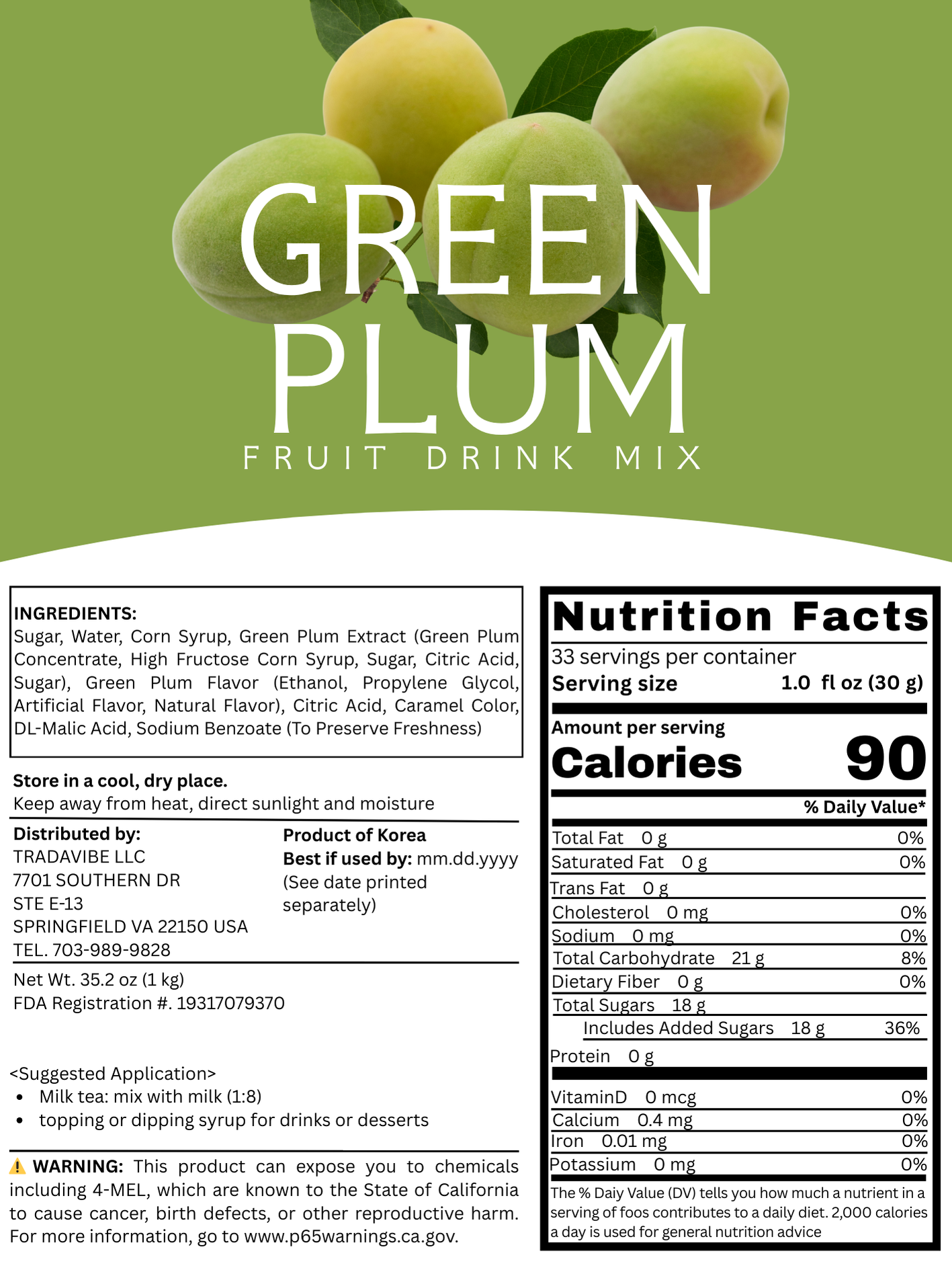 Green Plum Fruit Drink Mix 1kg (2.2lbs)