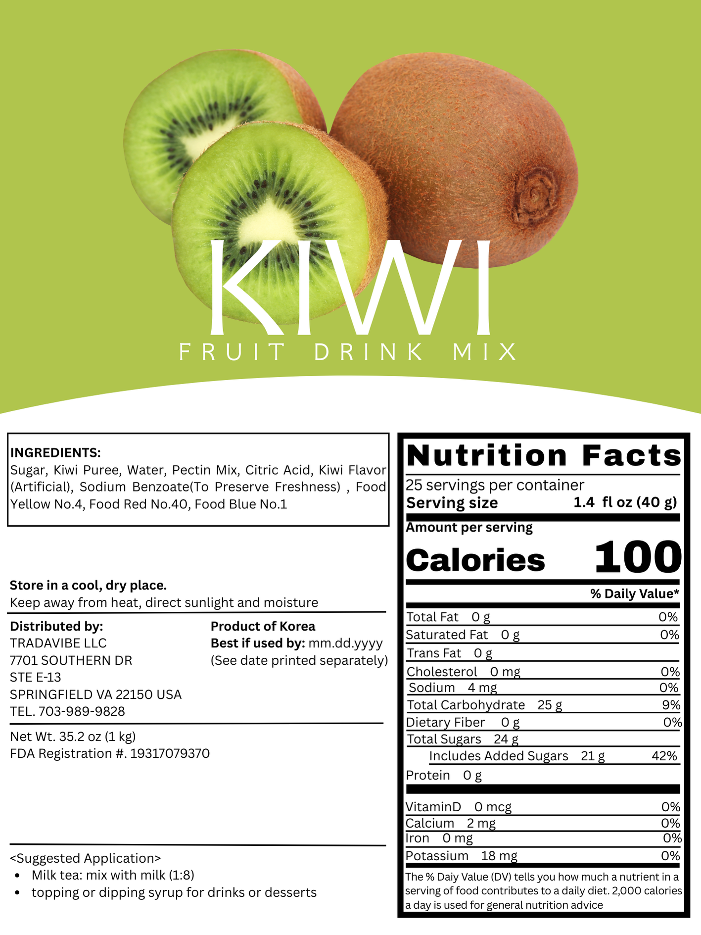 Kiwi Fruit Drink Mix 1kg (2.2lbs)