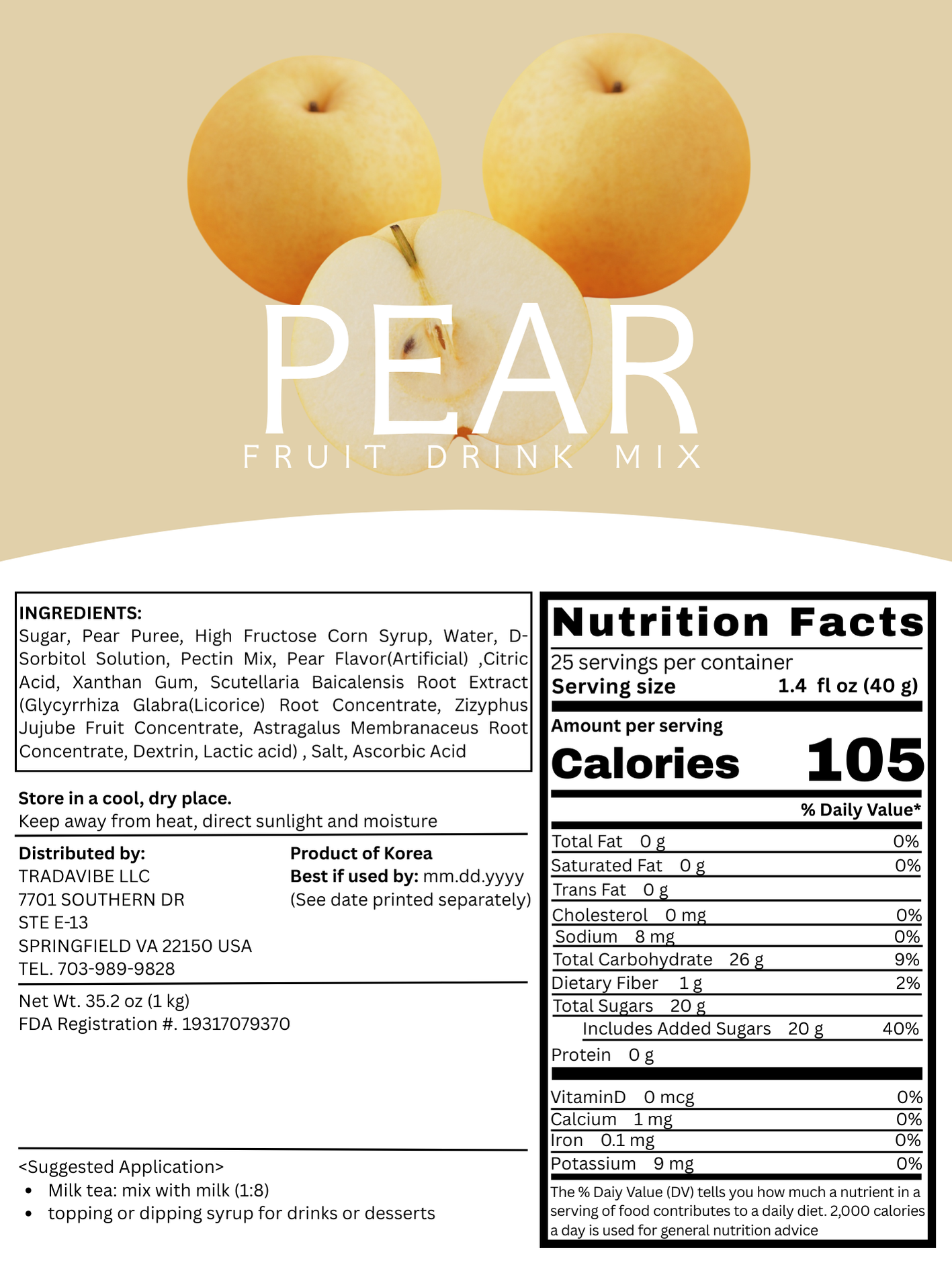 Korean Pear Fruit Drink Mix 1kg (2.2lbs)