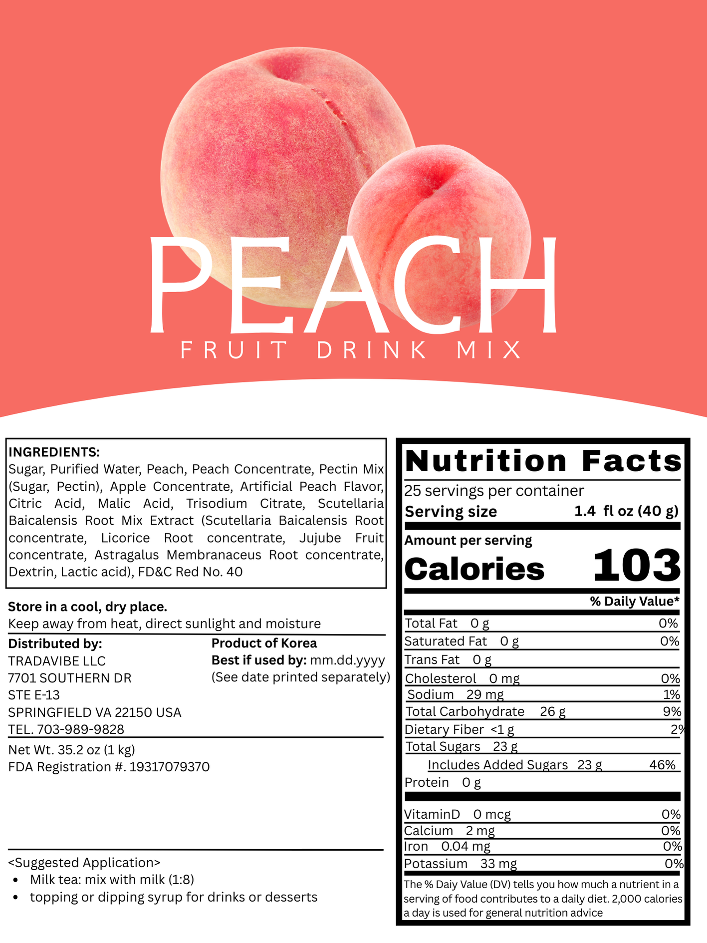 Peach Fruit Drink Mix 1kg (2.2lbs)